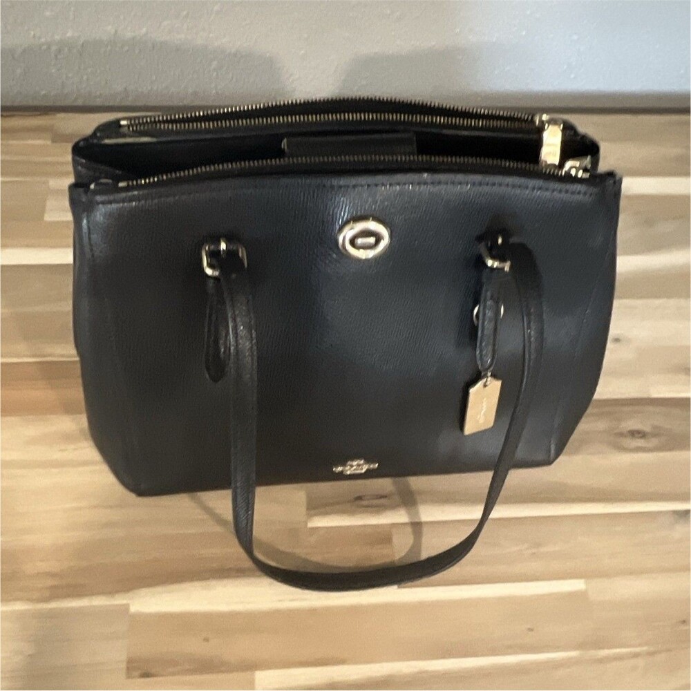 Coach Black Pebbled Satchel Zip Top Double Handles Gold Hardware Inner Pockets